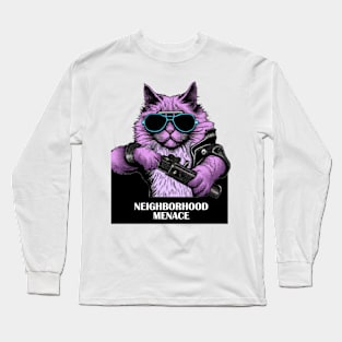 Cat Neighborhood Menace Synthwave Retro Long Sleeve T-Shirt